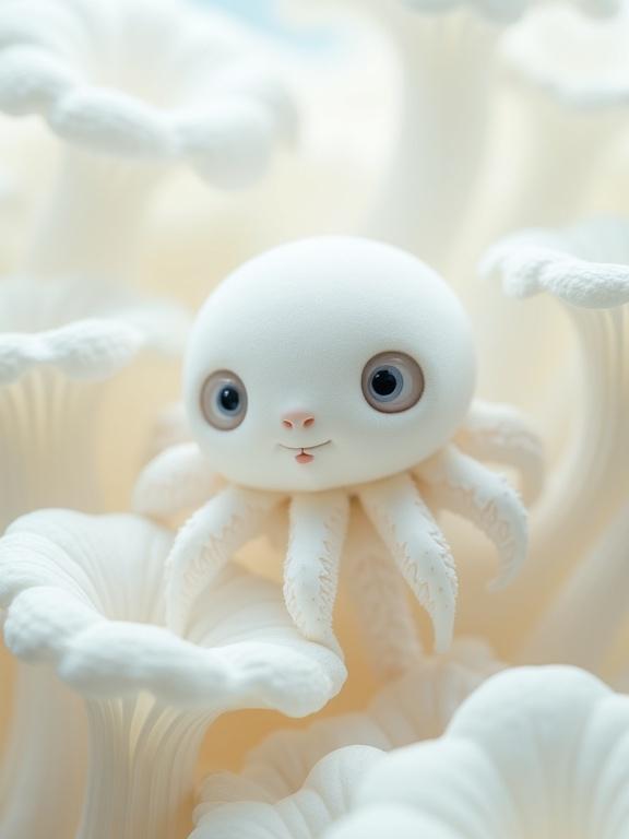Surreal creature in a soft monochromatic environment. The creature is white with pale blue eyes, surrounded by organic, flower-like shapes. The atmosphere is dreamlike and ethereal with a velvety texture.