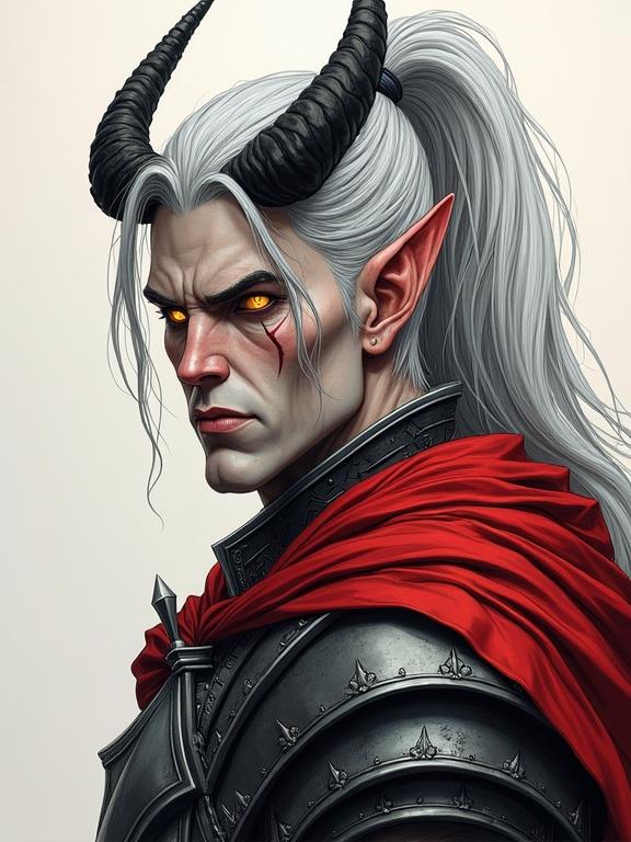 Tall male tiefling paladin stands with ash-gray skin. Glowing amber eyes, high ponytail with silver hair. Black horns curved backward. Stern, haunted face with scars. Detailed plate armor has faint infernal engravings. Crimson cloak flows behind. Cinematic duelist stance with artistic shading and texture.