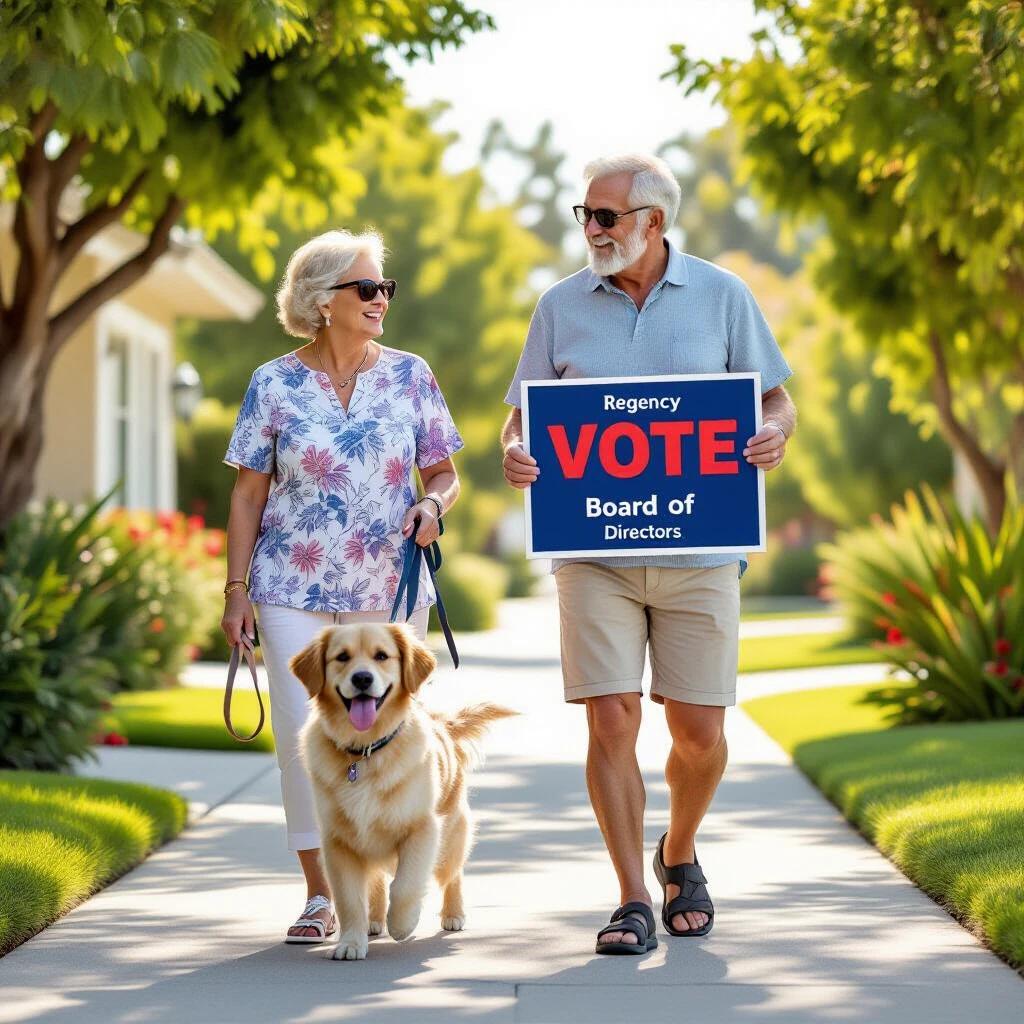 Elderly couple walks their dog. They wear floral summer clothes. The man carries a blue sign that says 'Vote' in red letters. Additional text includes 'Regency', 'Board of', and 'Directors' in white. They stroll down a sidewalk in a residential area in California. The dog is a friendly golden retriever. The atmosphere is sunny and welcoming.