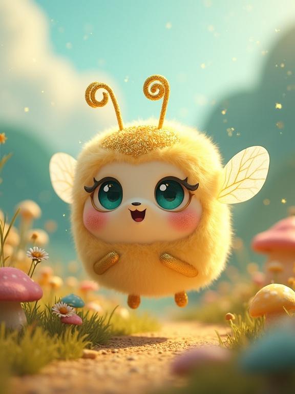 A whimsical, fluffy creature resembling a mix between a fairy, dessert, and a bee. Character is cubical and soft, with golden spiral antennae, iridescent wings, and a vivid happy expression. Set in a colorful meadow with mushrooms and glowing radiant ambiance.