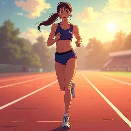 Anime-style advertisement showcasing women's athletic wear. Features young female runner in racerback sports bra and high-cut shorts. Displays deep leg cut designs for track athletes. Dynamic pose on tartan track with speed lines. Sunset lighting provides an energetic atmosphere.