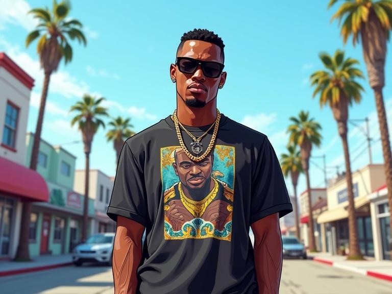 Full frontal view of a confident Black male rapper standing on a bright Los Angeles street. The street features palm trees and urban elements typical of LA. The subject wears a graphic t-shirt. The style is cartoonish yet realistic, capturing a vibrant atmosphere.