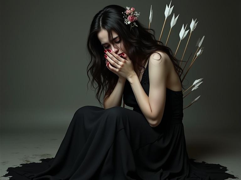 Dark portrait of a woman with flowing black gown. She has long dark hair styled in waves. Her expression shows sorrow and vulnerability. She sits with knees drawn to her chest. Subtle makeup enhances her features. Crimson nails clasped together. White arrows pierce from behind. Composition emphasizes emotional state. Masterful use of light and shadow creates depth.