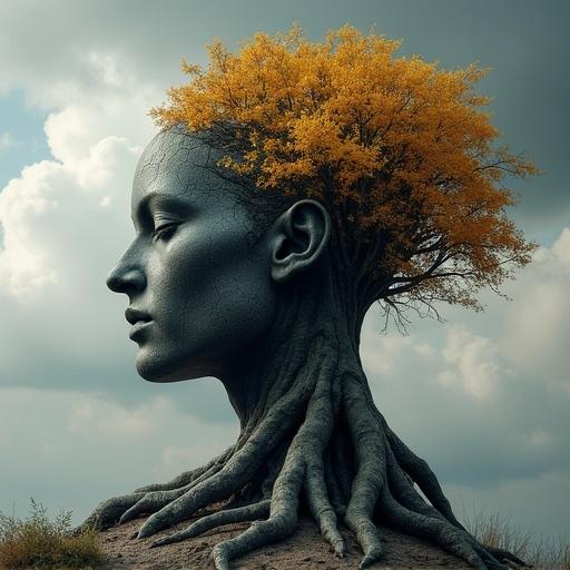 Surreal blend of human head and nature. Profile view of face with closed eyes. Back formed by gnarled roots and trunk of tree with golden leaves. Front from dark, cracked rock texture. Merges seamlessly. Set on rocky ground with sparse vegetation. Dramatic sky with atmospheric clouds. Emphasized textures with moody lighting.