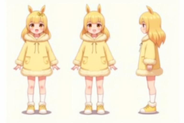 Character sheet in anime style. Young adult female character with friendly appearance. Long pastel yellow hair with straight bangs. Outfit is fluffy pastel yellow hoodie dress with fur trim. She wears thigh-high white socks and pastel yellow sneakers. Ears subtly blend into hair. Shown in front back and right side views. Proportionate body ratio. Color scheme is warm pastels. Calm but playful vibe inspired by VTuber style.