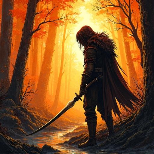 A warrior stands at the edge of a forest. The background glows with bright orange colors, and dynamic outline style features a strong perspective. Forest has trees and a stream. A sword is held firmly by the warrior.