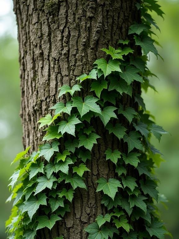 Close-up of a tree trunk adorned with ivy leaves. The ivy wraps around the trunk creating a tapestry-like effect. Lush green leaves contrast against the rough brown bark. Soft natural light casts a serene atmosphere.