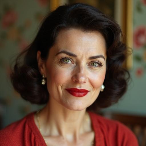 Portrait of a beautiful housewife with classic 1950's hairstyle. Age 55, features visible face wrinkles, slightly smiling with closed mouth. Green eyes and an intense glance. Wearing diamond hairrings and big red lips. Floral wallpaper in the background and slightly viewed from the side.