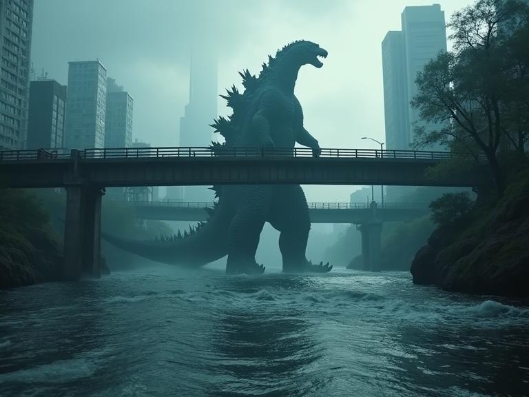 Dark cinematic scene featuring Godzilla partially submerged in a river near a bridge in an Asian city. Tall buildings surround the scene under cloudy skies with a reflective river demonstrating atmospheric effects.