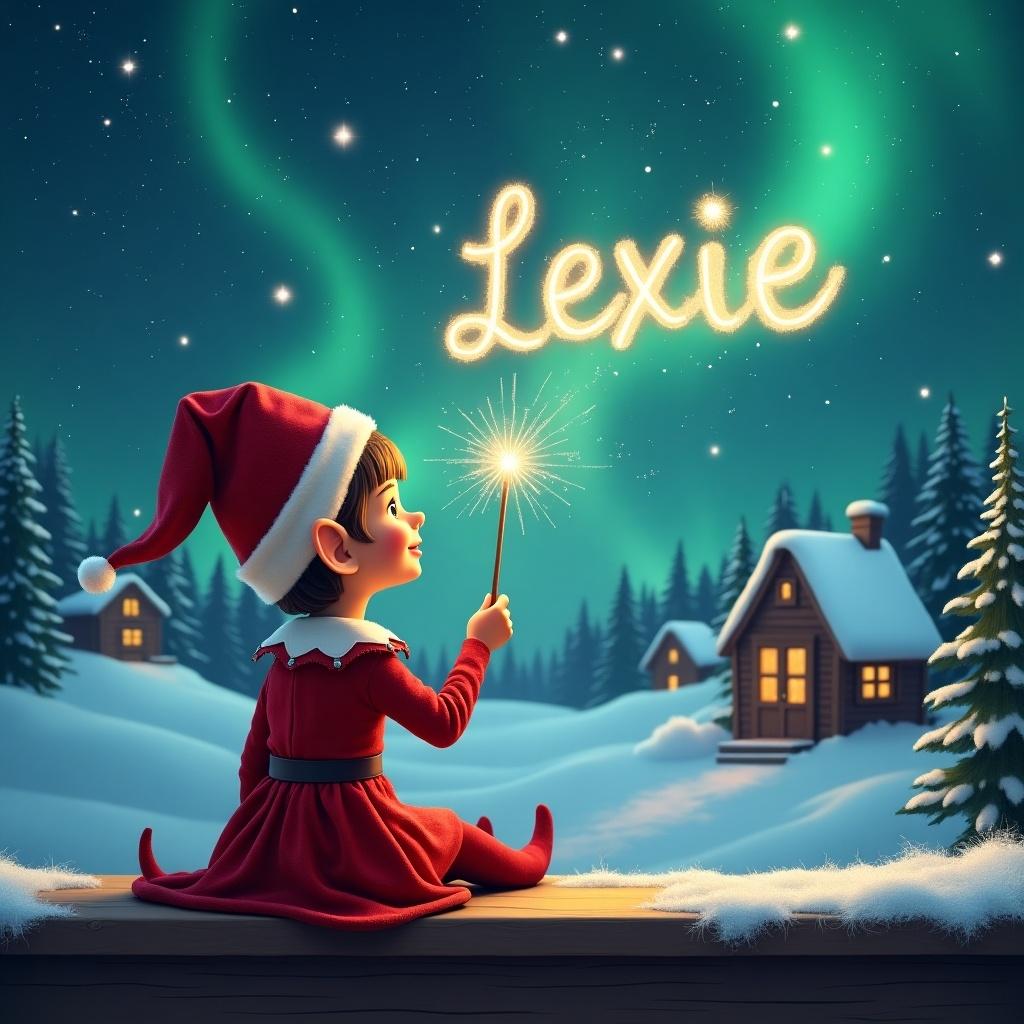 Elf in red dress sits on ledge. Elf holds wand and writes 'Lexie' in sky. Background has snowy houses and trees. Northern Lights shimmer above. Scene captures Christmas magic.