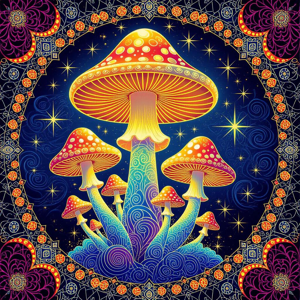 An illustration of multiple magic mushrooms with bright glowing colors. Incorporation of Cycladic elements in a kaleidoscopic design. Features intricate swirling patterns and cosmic themes. Art style resembles fractals and Zentangle with 3D shading effects.