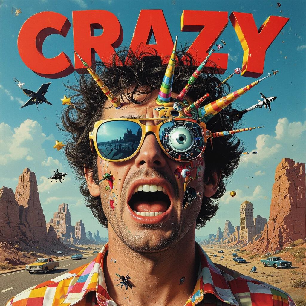 A surreal and colorful album cover featuring a man with exaggerated facial features and sunglasses. The design includes whimsical elements like rockets and insects, set against a desert landscape.