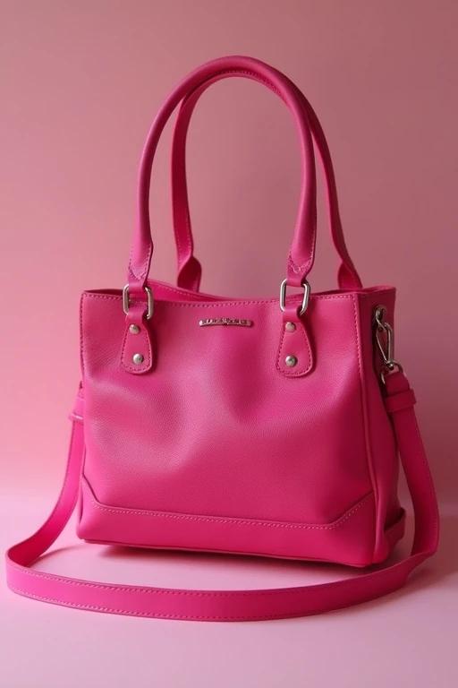 A bright pink PU handbag on a soft pink background. The bag features dual handles and an adjustable strap. It is made from synthetic leather with a smooth finish. The design is chic and modern.