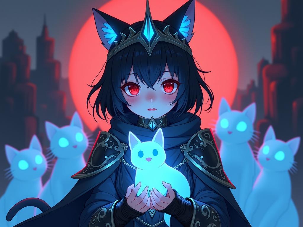 Digital illustration of a fantasy anime styled girl in dark armor. She has sharp red eyes and holds a glowing blue cat. Surrounded by ethereal blue cats. Dark cityscape background with a red circle behind her.