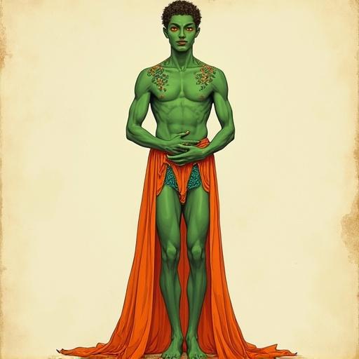 Vintage illustration depicts a full body of a man with green skin wearing an orange-red robe. The figure has an oval-shaped face, large golden eyes, delicate features, and a tranquil expression.