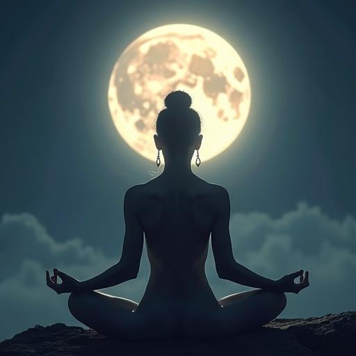 Maa Mahagauri seated in deep meditation under a full moon. Radiant skin glowing from lunar light. Divine hand raised in blessing. Ethereal background with DSLR clarity and natural realism.