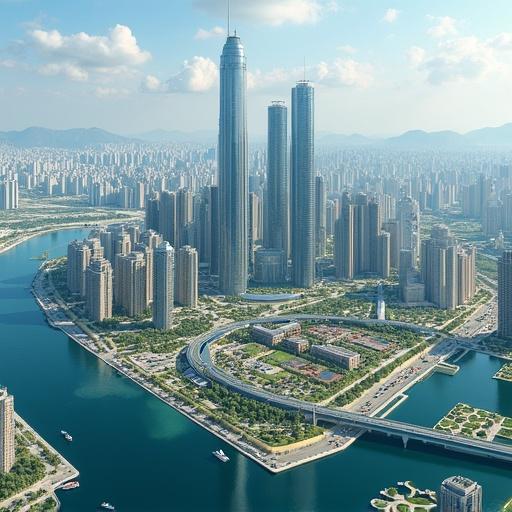 Aerial view of Silicon Bay showcasing modern skyscrapers. Skyline includes research campuses of major tech companies. Features urban infrastructure for drone delivery. City surrounded by water and greenery. Represents a planned tech hub with a large population.