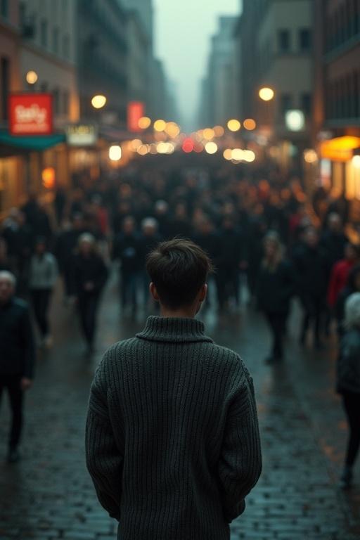 Cinematic overhead shot of individual standing still on a brick city sidewalk. Dark oversized sweater. Motion blurred crowd rushes past. Moody lighting with a 35mm film look and shallow depth of field. Sharp focus on individual. Ratio 4:3.