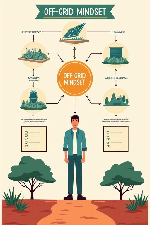 Illustrative chart showcasing off-grid mindset goals in a semi-realistic style. Central figure labeled 'Off-Grid Mindset' connects to three main goals: 'Self-Sufficiency' with a garden bed icon, 'Sustainability' with a solar panel icon, and 'Resilience' with a rainwater tank icon. Each goal features a checklist for planning. Minimal outback background with red soil and eucalyptus trees. Bright colors and clear labels facilitate understanding.