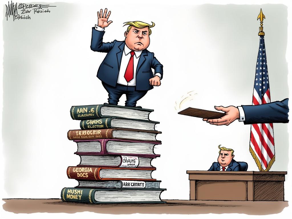 The image is a political cartoon depicting a courtroom scene where a character resembling Donald Trump is standing atop a stack of law books, balancing precariously. He has one hand raised, as if taking an oath or making a declaration. The stack of books is labeled with key events or issues related to Trump, including 'JAN. 6', 'CLASSIFIED DOCS', 'GEORGIA ELECTION', and 'HUSH MONEY'. There is also a judge's hand extending a book towards Trump, suggesting a legal inquiry or the presentation of evidence. The cartoon is drawn in a humorous style, capturing the seriousness of the legal challenges Trump faces while emphasizing their political context.