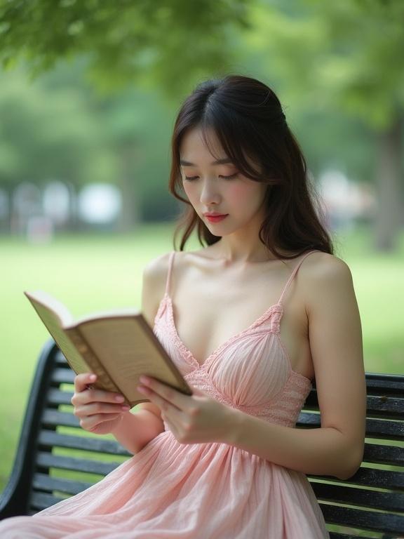 A woman sits on a bench in a park reading a book. She wears a sundress with a wide neckline. The environment is serene with greenery around her.