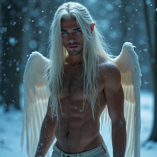 Breathtaking elven man with long white hair and blue eyes stands on icy ground surrounded by falling snow. Wings are unfurled creating a mystical atmosphere with soft colors.