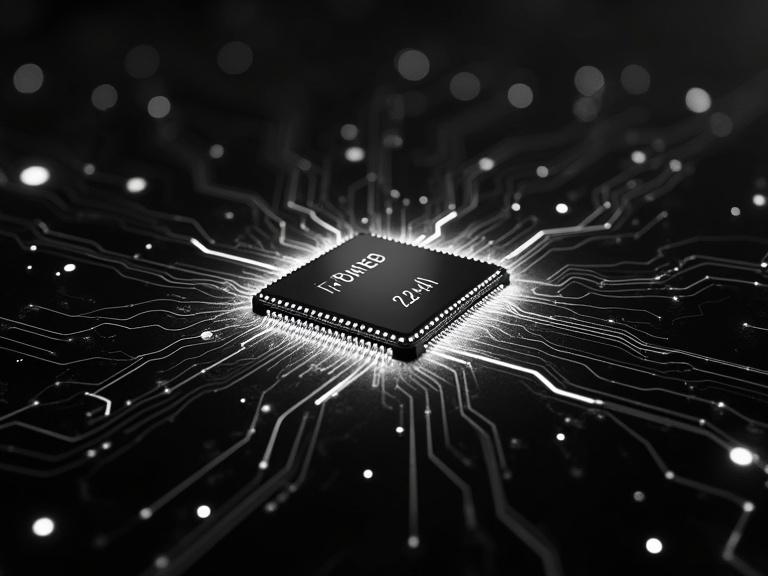 Hyper-realistic high-detail sci-fi scene featuring sleek microchip at center glowing white circuits pulsing outward. Chip suspended in dark virtual space surrounded by binary code and holographic data graphs. All elements rendered in black and white with sharp contrast and white glow effects.