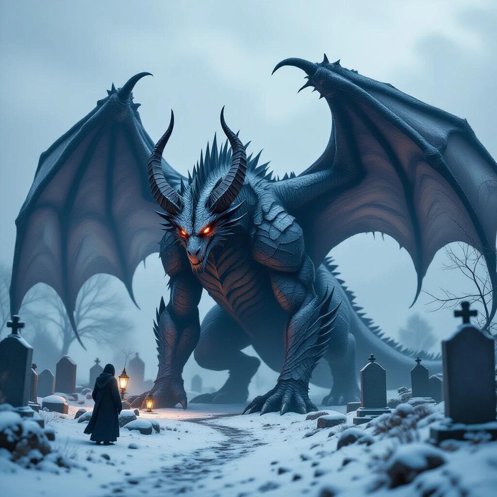 Colossal dragon-like beast with broken horns and scarred wings stands in graveyard. Beast tends to graveyard it once destroyed. Shields area from harsh winds and snowfall. Lights lanterns each evening in memory. Overcast sky enhances atmosphere. Photoreal texture with quiet melancholy mood.