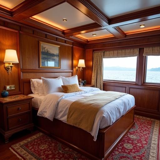 A luxurious bedroom interior on a ship. The room features wooden paneling, a large comfortable bed with decorative pillows, and large windows showing a scenic view of water. Warm lighting creates an inviting atmosphere.
