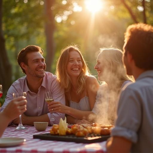 A summer barbecue scene with friends laughing by a picnic table. One person holds a wine glass. Sunlight falls on their faces. Smoke rises from a barbecue oven on the table.