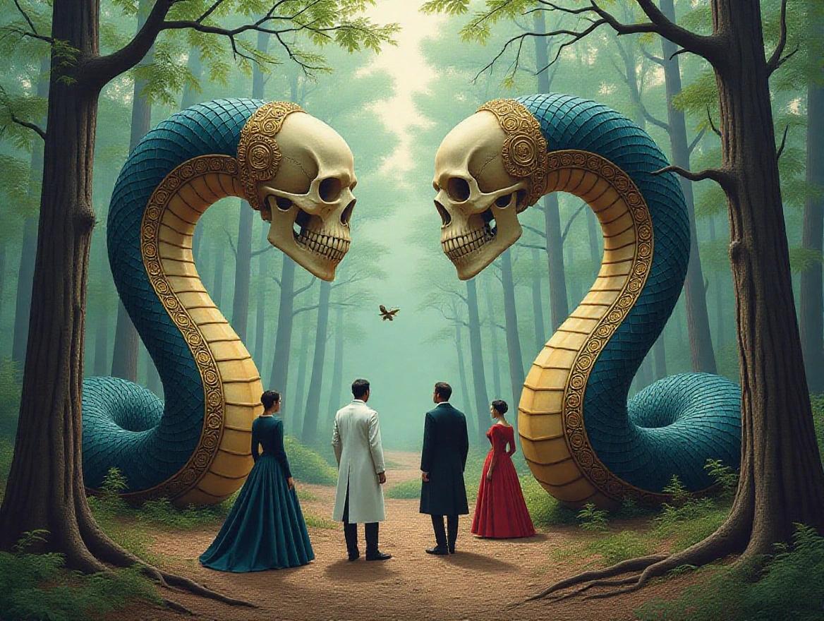 Surreal and imaginative painting of two large fantastical creatures with skeletal heads and serpentine bodies. The creatures interact with several human figures in a dense forest. The figures include a man in a white coat and a couple in historical costumes. The composition is symmetrical, with earthy tones and subdued lighting.