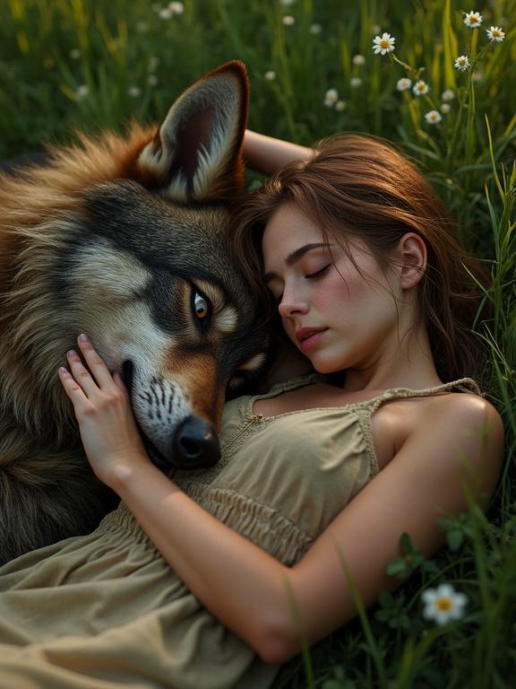 Realistic photo from above of a beautiful young woman lying on a summer meadow. She has tanned shiny skin and messy flowing hair. A friendly werewolf protectively rests its head on her thighs. She looks calm and happy.