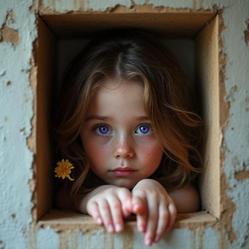 The image showcases a girl featuring glowing, purple eyes. The head is positioned in a box against a textured wall. A gold flower is held prominently. The atmosphere is captivating with an artistic touch.