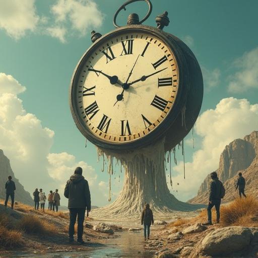Surrealistic image features a clock melting down from the sky with people on the ground looking up with open mouths. Scene captures a dreamlike essence with a fantasy landscape.
