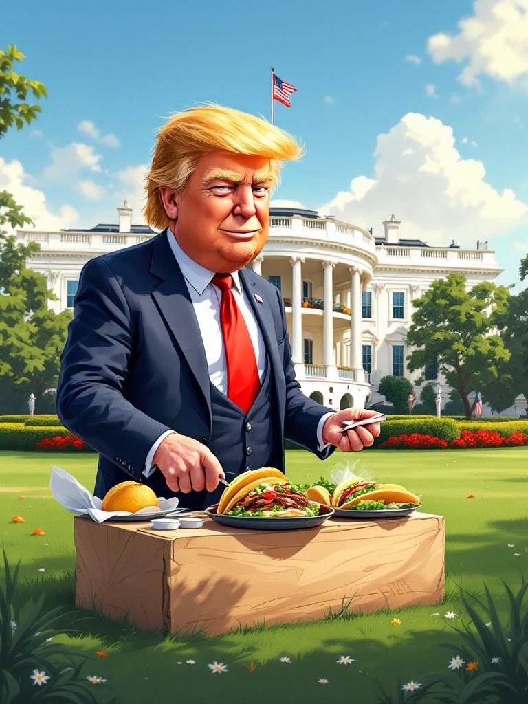 Cartoon depicting a politician selling tacos and cryptocurrency memes on the White House lawn. Emphasizes humor. Done in a whimsical Tom Troles style.