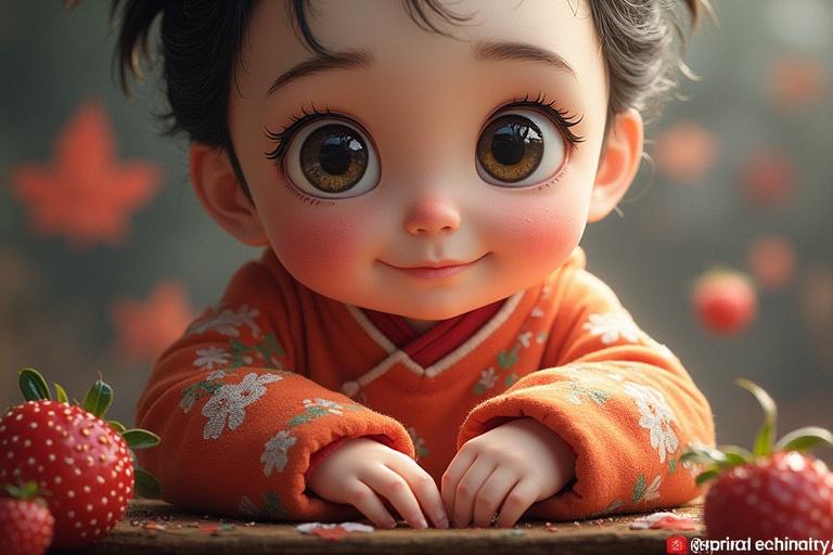 A close-up of a cute child character with large expressive eyes. The child has a joyful smile and is wearing a traditional kimono. The background features strawberries and a softly lit environment. The atmosphere is warm and inviting.