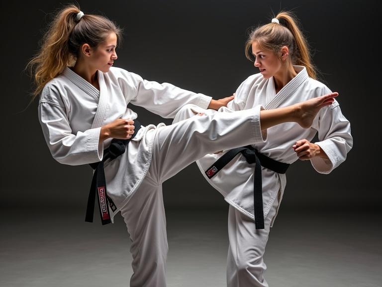 Two female karate fighters engage in a dynamic fight. They wear traditional karate gis. One fighter executes a high kick aimed at the other's head. The setting resembles a martial arts tournament.