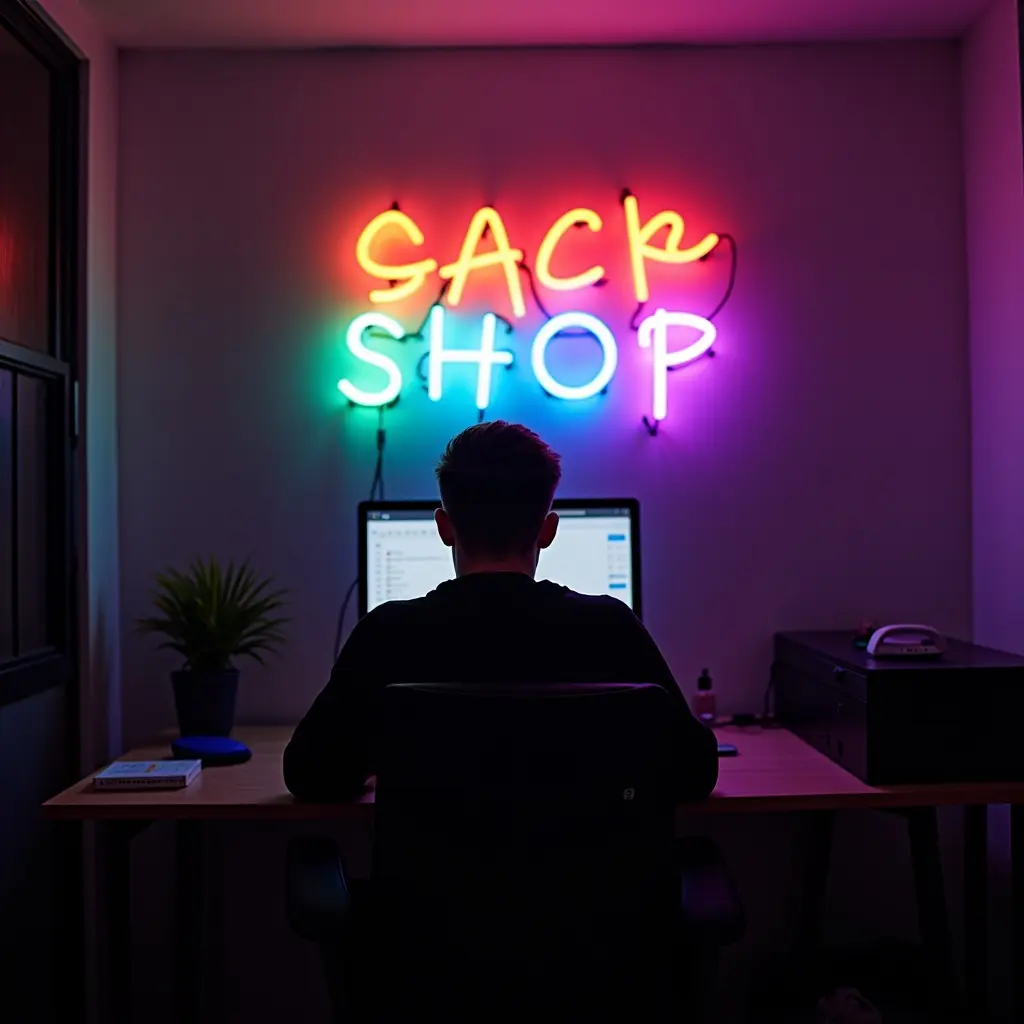 A person sits at a computer desk. The room is dimly lit. A vibrant multicolored neon sign illuminates the space.