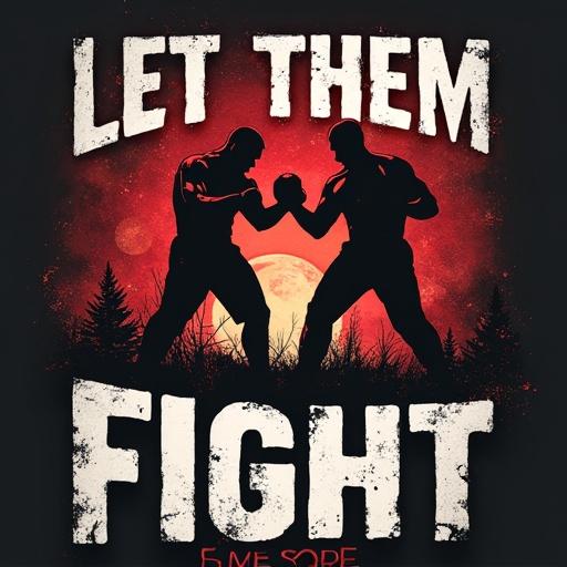 Text design featuring fighters engaging in a fight. Silhouettes against a red background with a glowing moon. Strong visual impact emphasizing competition.