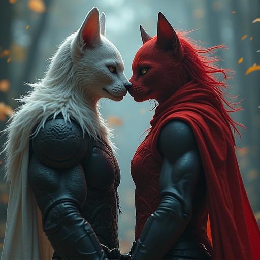 Two anthropomorphic characters face each other. One has white fur and black armor. The other has red fur and a flowing red cape. The background is a mystical forest with soft lighting and autumn leaves. Emphasizes strength, beauty, and connection.