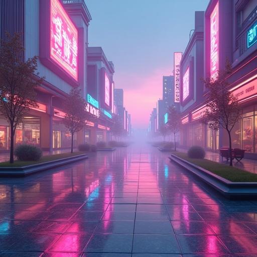 Futuristic city plaza at dawn with neon signs. Chrome surfaces reflect light. Light fog drifts below. 3D style depiction.