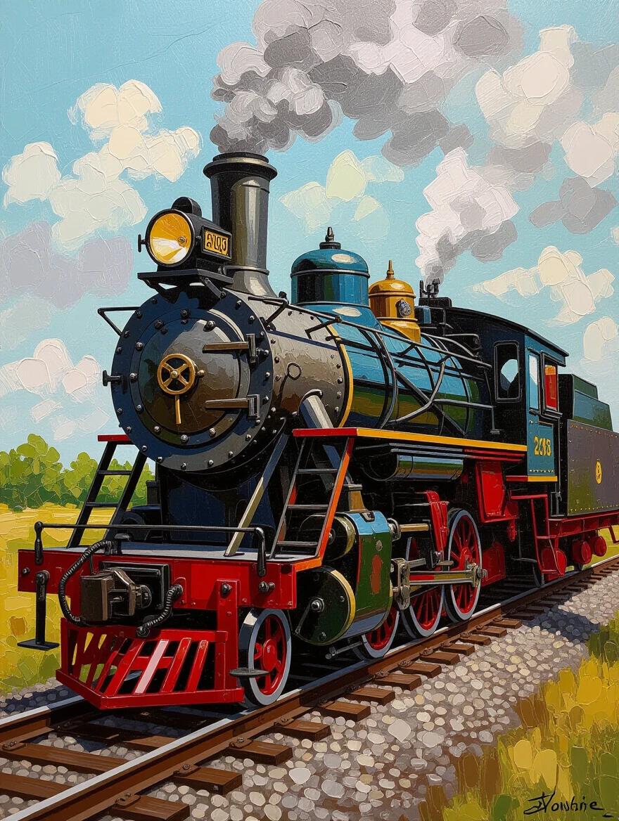 Vintage steam locomotive engine in impasto style. Thick application of paint for details. Metallic finish emphasizes the boiler. Industrial textures from knife work. Effects of rust and patina. Blends steampunk with classical techniques. High-quality craftsmanship with dimensional paint surface.