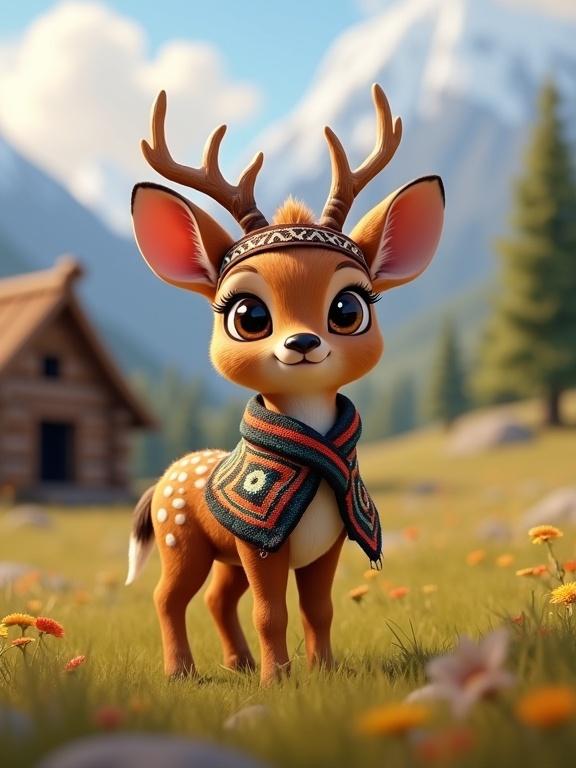 A 3D animated baby pudú standing in a grassy area. The deer has tiny antlers and soft brown fur with white spots. It is wearing a Mapuche-style poncho with geometric patterns. Araucaria trees and snowy mountains are in the background. The atmosphere feels cozy and natural with Pixar-style qualities.