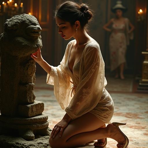 A woman in a shimmering sheer kimono adorned with intricate floral patterns kneels gracefully on a worn marble floor. The chamber is dimly lit and opulent. High heels click softly as she delicately touches a crumbling stone idol covered in moss and shadow. Pale skin glistens in the candlelight, emphasizing curves and collarbone. Blurred figures of courtesans are subtly visible in the background, creating an atmosphere of hushed anticipation and desire. The scene conveys sensual vulnerability and restrained elegance.
