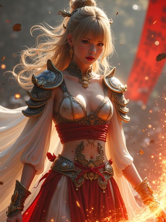 Ultra-realistic portrait of a sensual Three Kingdoms warrior inspired by Koei's Sangokushi. Features a reinvented Han dynasty breastplate, midriff wrapped in crimson silk sash, thigh-high armored boots with phoenix wings. Includes a torn war banner, a glowing guqin sword, and white skin with wet-look hair. High slit revealing leg armor adds sensual detail. Style merges traditional Chinese ink wash with neon smoke effects. Dominant colors are vermillion and obsidian with gold accents. Character captures a dynamic pose with firebird-like elements.