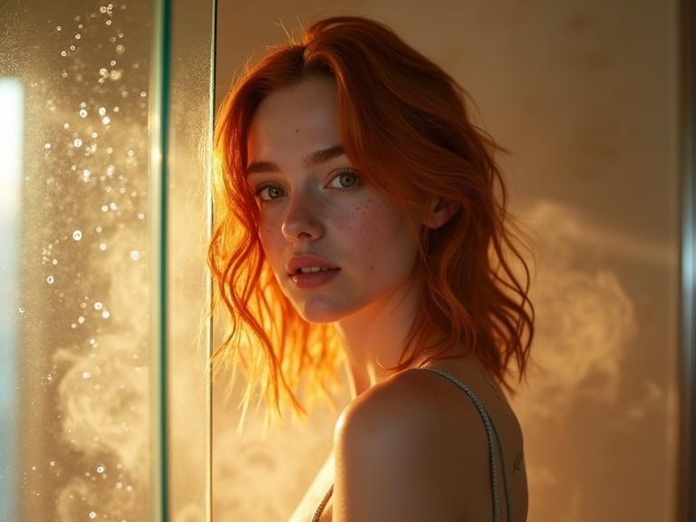 A teenage girl with medium-length wavy ginger hair and brown eyes stands in a modern glass shower. Warm steam fills the atmosphere creating a dreamy environment. Water droplets run down the glass. Soft, diffused lighting emphasizes her features in an ethereal way. Unique interplay of steam and glass textures enhances the scene.