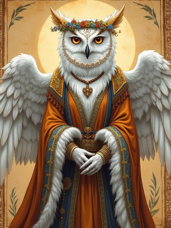 Digital illustration of an anthropomorphic white owl druid priestess. Character wears traditional Slavic folk robes with bead necklaces and fur trims. Wings are spread to form sleeves of her garment. The background features painted mystical runes. Soft warm lighting creates dramatic shadows and depth.