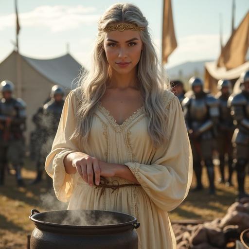 Portrait of a beautiful young woman with long wavy silver hair styled with a golden headband. She stands outdoors at a military field kitchen stirring a large pot. She wears a practical pale gold gown with modest neckline. Soldiers in armor are around her. Tents and banners are in the background under natural daylight. Overall style evokes fantasy and nobility.