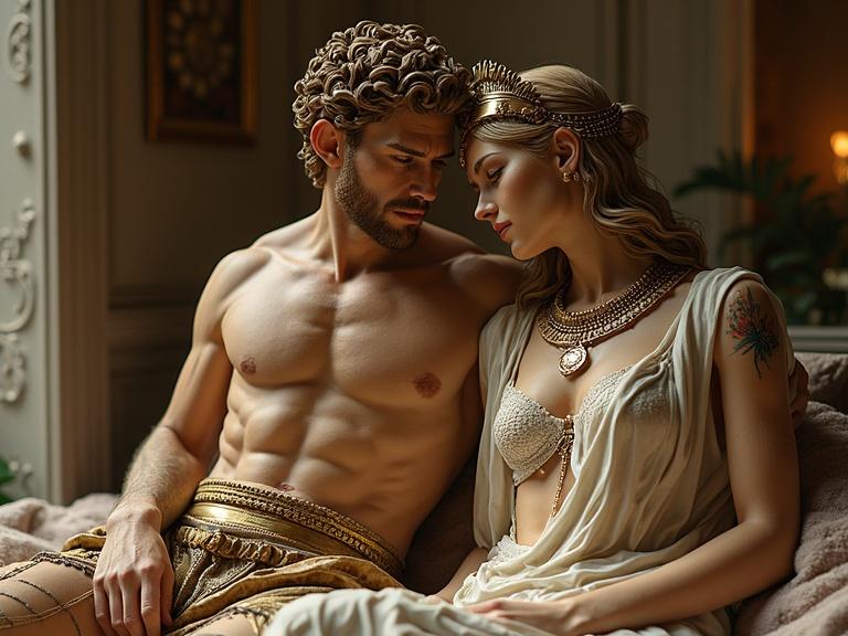 A 3D ultrarealistic art piece titled Cleopatra & Hercules. Captures an intimate moment between two figures. The design incorporates elements of classical mythology. The setting is a luxurious space with a soft focus. The figures are elaborately adorned with jewelry.