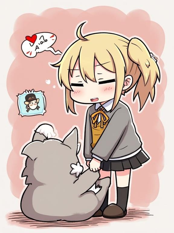 Illustration of a cute girl interacting with a dog. The girl has blonde hair and is wearing a school uniform. She appears happy and affectionate. The dog is fluffy and friendly, creating a heartwarming scene in a pastel background.